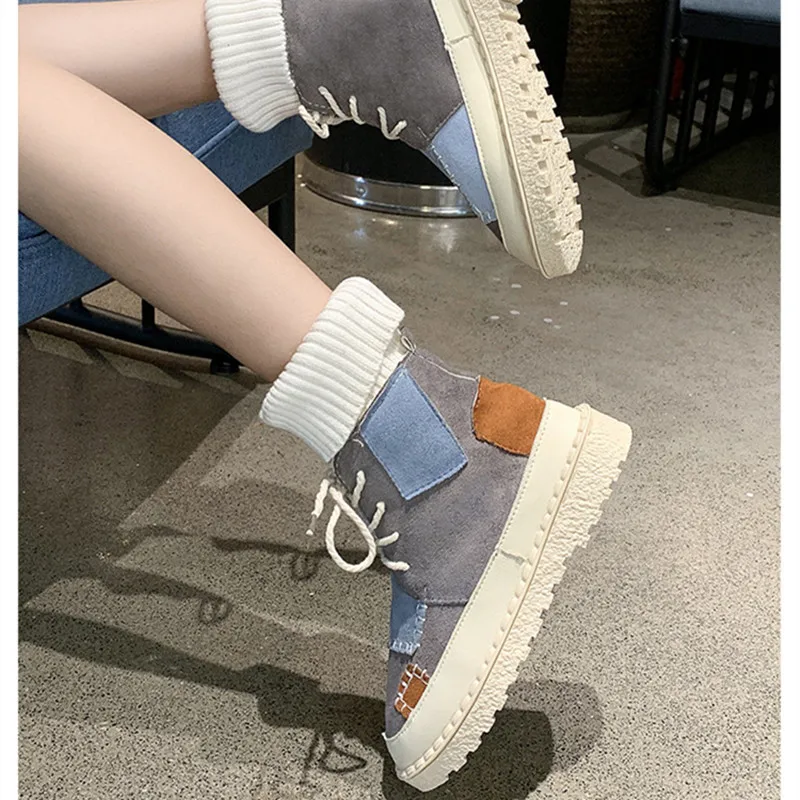 Houlife Women Soft Bottomed Flat Women Splice Boots Lace Up Low Heels Female Short Boots Warm Autumn Winter Shoes Plus size
