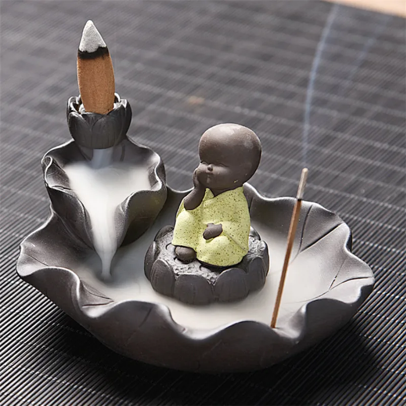 Ceramic Little Monk Lotus Backflow Incense Burner Home Decor Waterfall Aromatherapy Censer Incense Stick Holder+ 10pcs Cones
