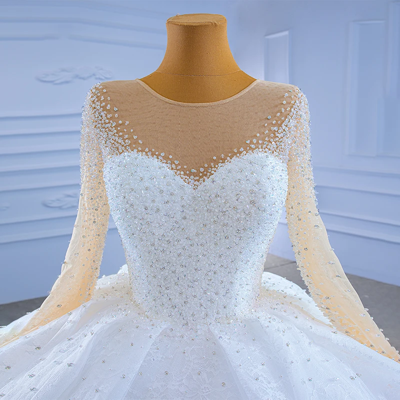 RSM67293 White Elegant Bridal Wedding Dress Beaded Beading Shiny Lace Long Sleeve Frill Pattern Banquet Party Celebration Gown 5