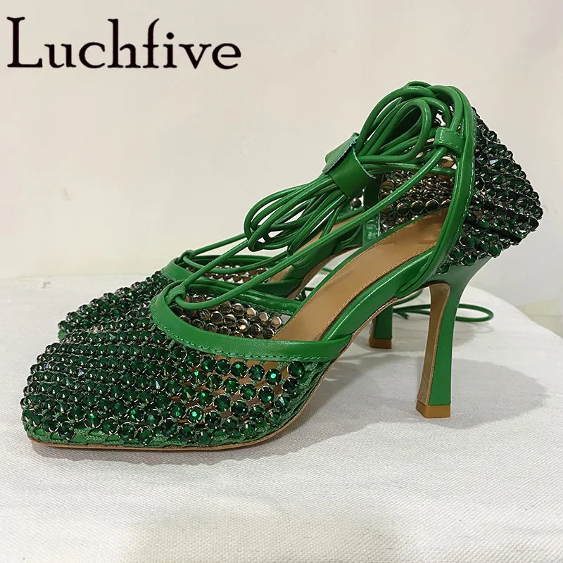 

Mesh Studded Crystal Women Sandals Cross Lace Up Shoes Woman Sexy High Heels Ladies Shoes Diamond Green Leather Sandals