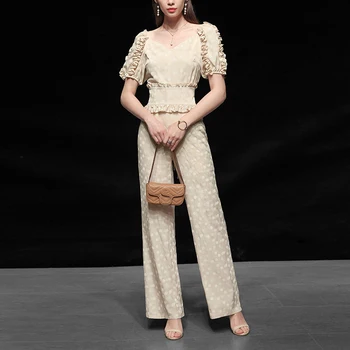 

Seifrmann Summer Runway Suit Ladies V-Neck Puff Sleeve+Spring Sashes Long Pants Polka Dot Casual Office Ladies 2 Two Pieces Set