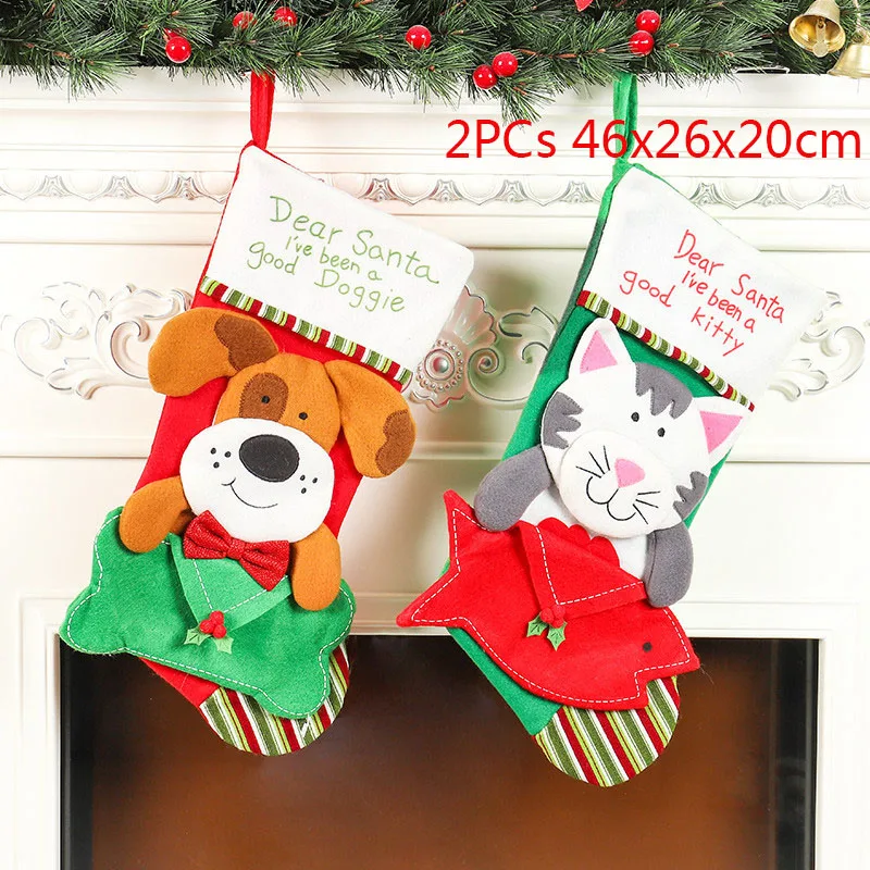 Рождественские чулки, носки, кошка, собака, лось, Navidad, год, мешок для конфет Рождество, украшения, рождественские елки, вечерние подарочные сумки для детей - Цвет: 2PCs 46x26x20cm