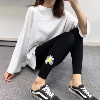 

Daisy Print Embroidery Leggings Women Spring High Waist Black Ankle-Length Bottoming Female Casual Fashion Pencil Pants