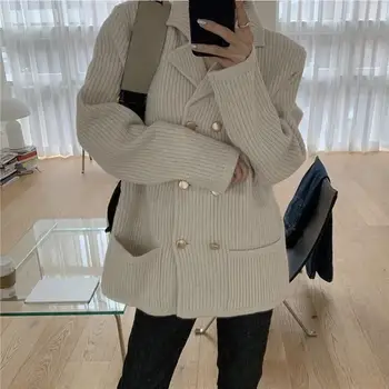 

Women's Loose Coat Double Breasted Knitting Sweater Outwear Turn-Down Collar Casual Style Coat Cardigan