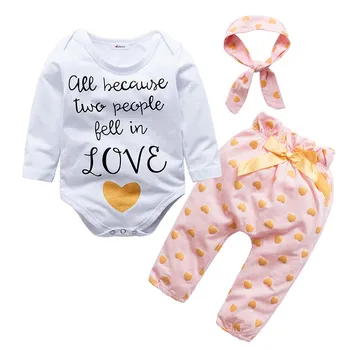 

Promotion Spring 3pcs Cotton Cute Letter Print Long Sleeve T-shirt Round Collar Casual Tops + Pants