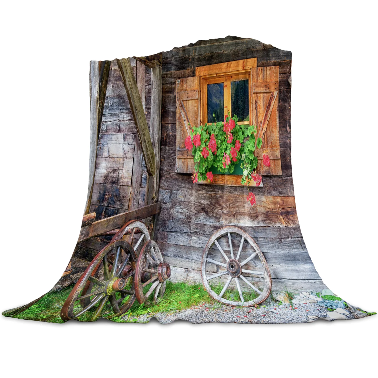 Flower Wheel Window Old Wooden Hut Printed Flannel Throw Blanket Quilts Keep Warm Sofa Child Home Textiles Family Gift | Дом и сад