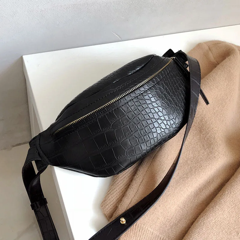 Black Waist pack Beltbag Женская поясная сумка из кожи крокодила, сумка банана на молнии, Кожаная поясная сумка с почками, сумки через плечо - Цвет: Black Waist pack