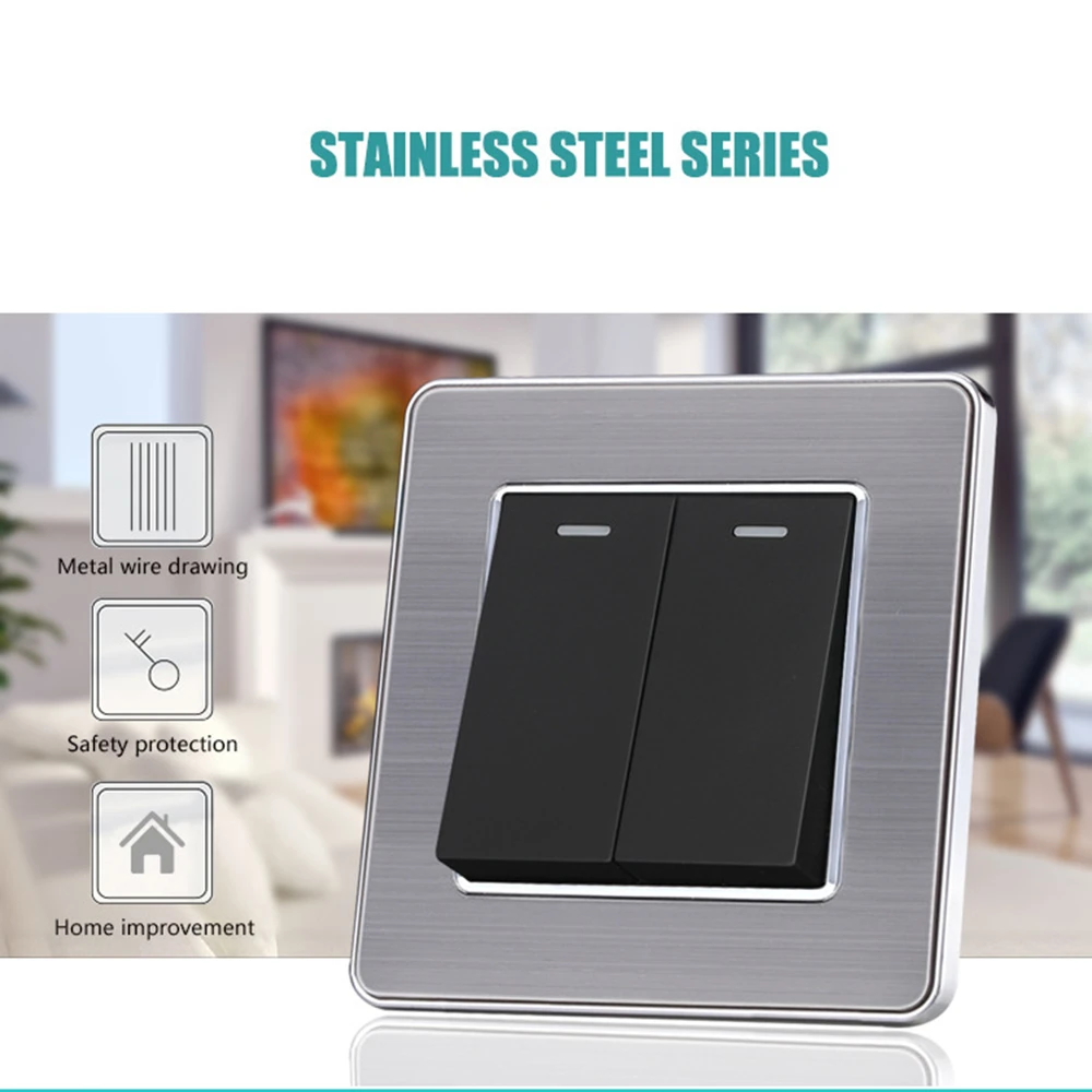 

Luxury Wall Switch Socket Two Two Open Billing Control Stainless Steel UV Panel Interruptor For Hotel Home Office Power Switch