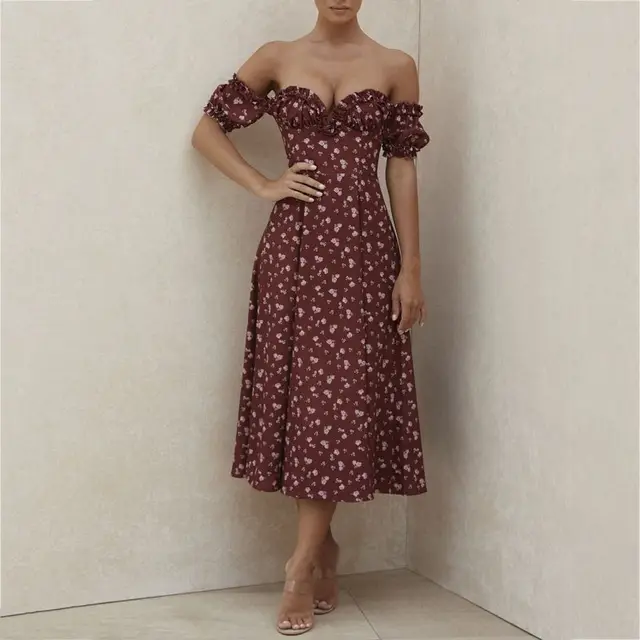 Summer Spring 2021 Women's Midi Dress Elegant Casual Sexy Fashion Cotton With Flowers Backless Off Shoulder Prom Wrap Plus Size 6