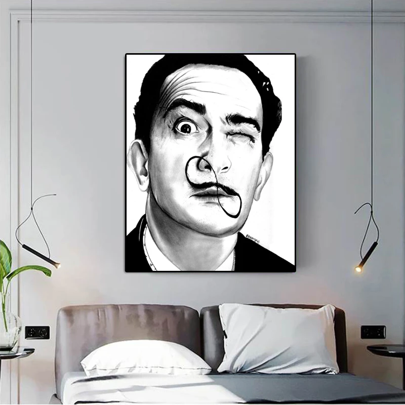 Salvador Dali noir et blanc Art peinture à l'huile visage Portrait affiches  et impressions photos murales pour salon Cuadros décor à la maison |  AliExpress