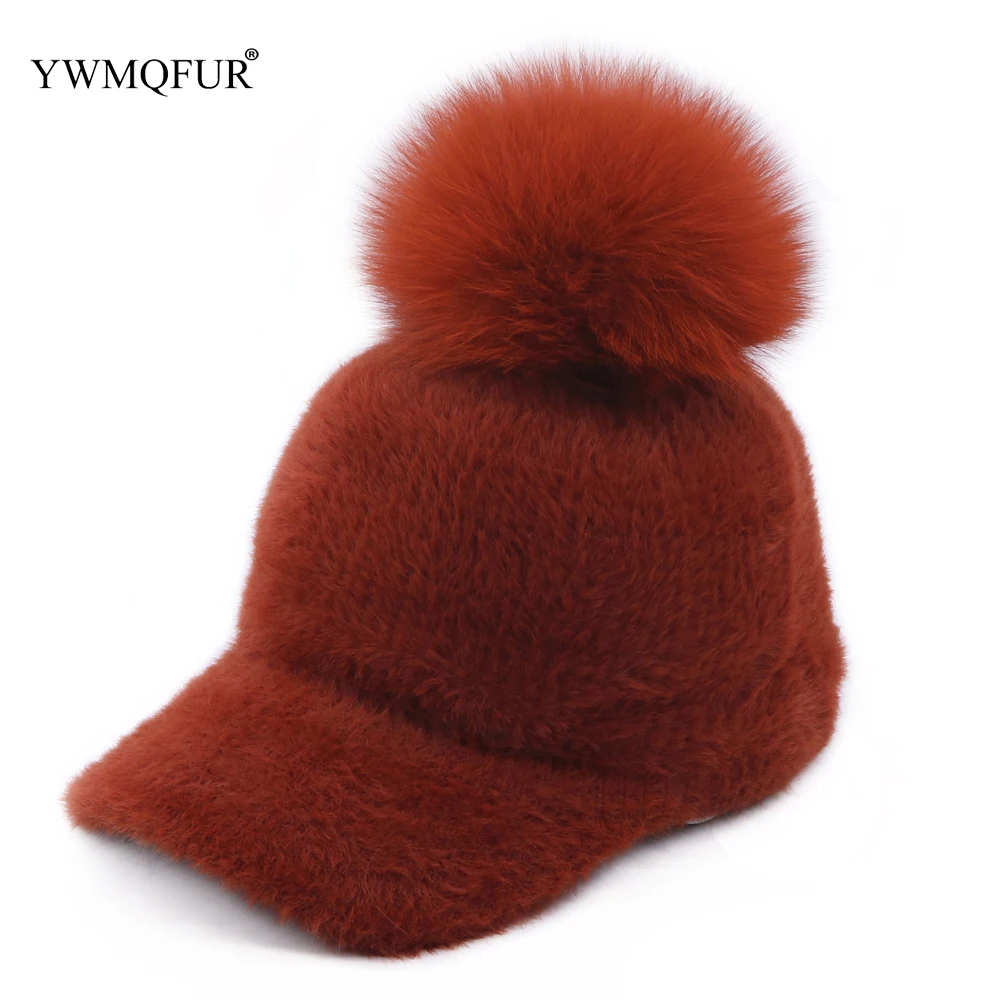 

Autumn Winter Women's Vintage Mink Cashmere Baseball Caps Thick Warm Solid Gorro Ski Girl Snapback With Real Fox Fur Ball Pompom