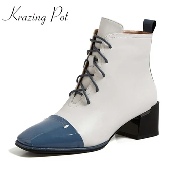 

Krazing Pot new mixed colors square toe high heel cross-tied Chelsea boots office lady daily wear fashion modern ankle boots L96