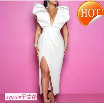 

Party White Dresses Sexy Deep V Neck High Waist Slit Bodycon Ruffles Backless Event Occassion Women Celebrate Evening Night Robe