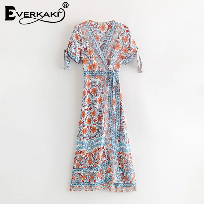 Everkaki Boho платье с цветочным принтом для женщин Регулируемый пояс пояса завязывается Цыганский узор длинные платья женские лето осень