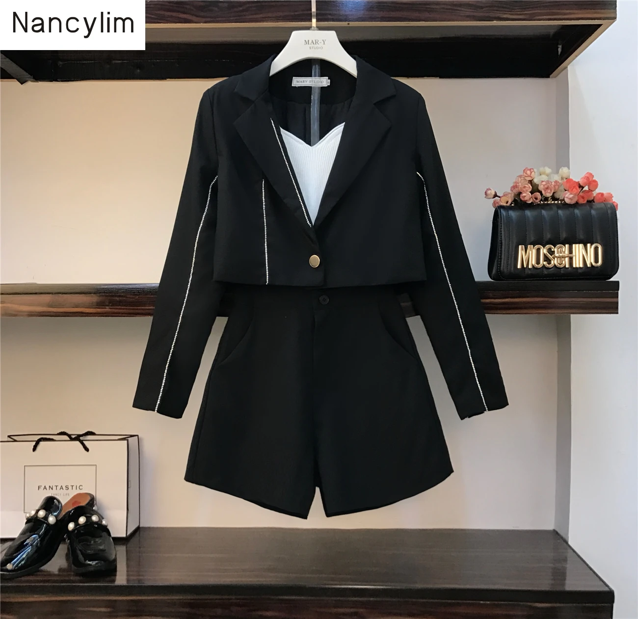 Autumn Outfit Blazer Sets Women High-end Drill Diamond Lapel Short Jacket + Casual Broad-legged Shorts Two-piece Suit Femme | Женская