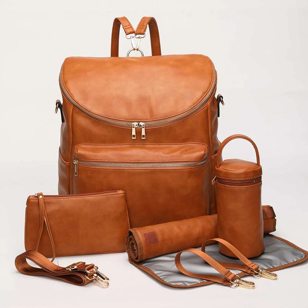 

PU Leather Baby Travel Nappy Diaper Bag Backpack+Changing Pad+Stroller Straps+Insulation bag+Cosmetic bag