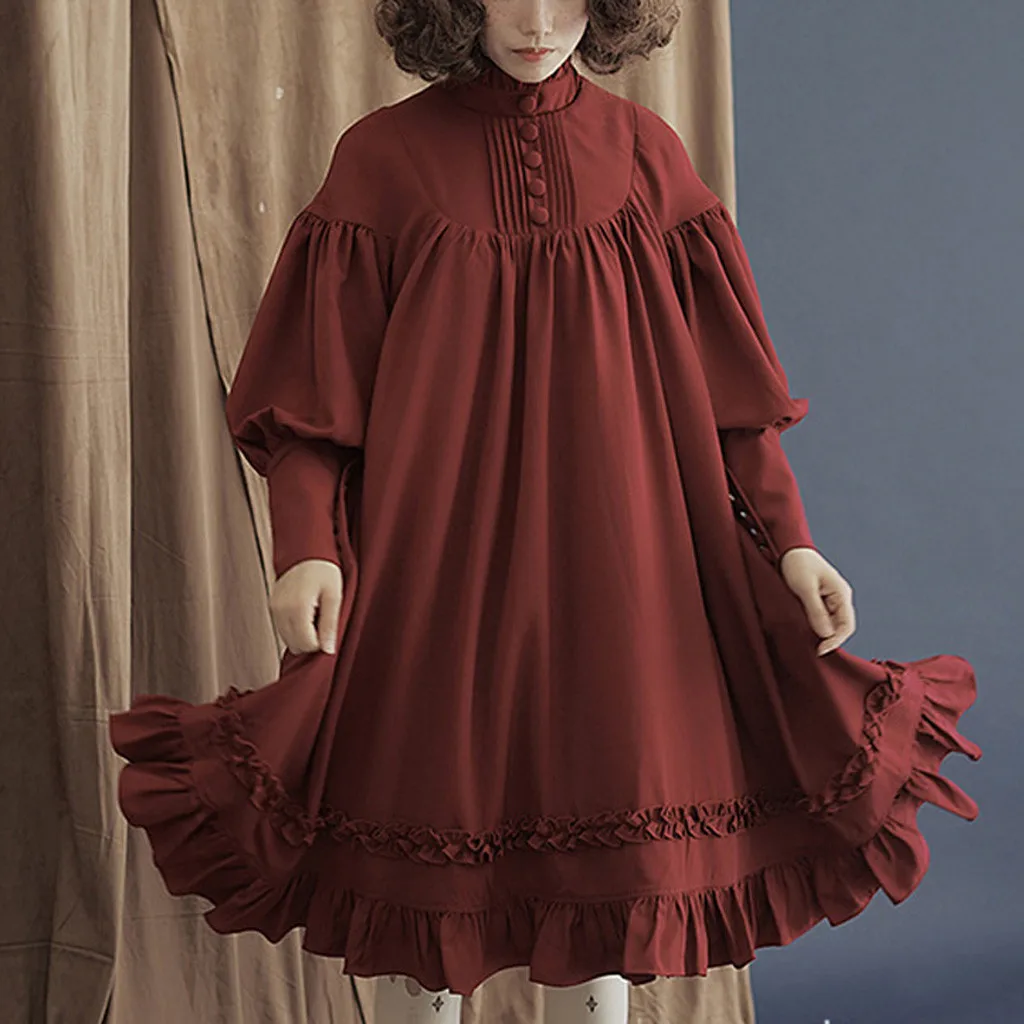 Koop Gothic Lolita Jurk Vrouwen Lange Mouwen Losse Kraag Kant Lantaarn Mouw Leuke Kleine Jurk Sweet Lolita