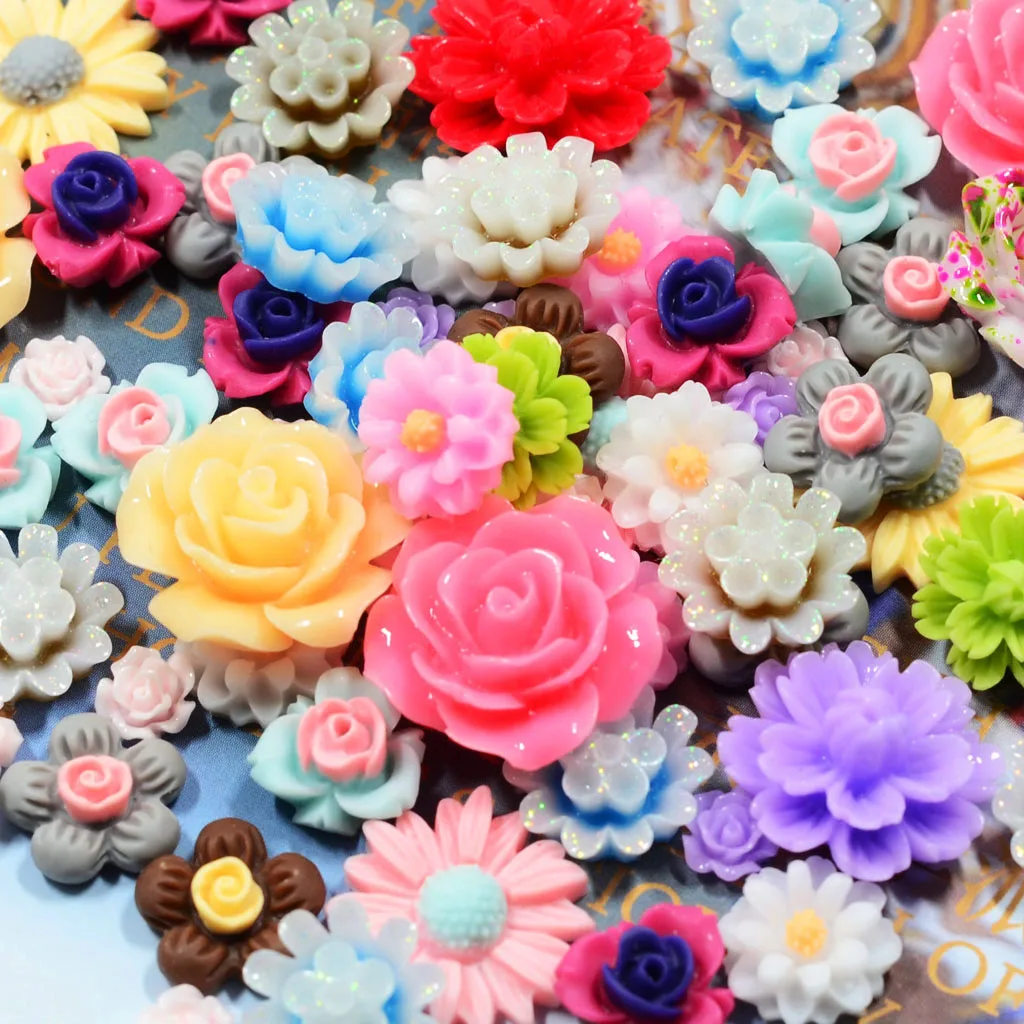 50 Pack Colored Assorted Flat Back Resin Flower Cabochon Craft DIY Hairpin Headwear/Phone Case/Scrapbooking/Decoden Pieces