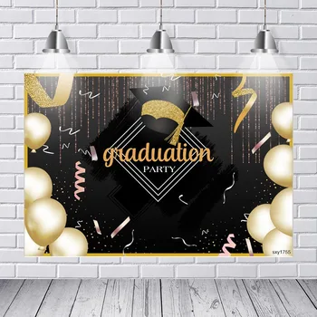 

Black Gold Balloons Gradutation Party Backdrops Glitter Bachelor Cap Class of 2020 Photography Backgrounds Custom