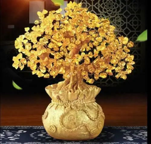 

160mm Natural Yellow Citrine Quartz Crystal Money Bag Wealth Tree Lucky Fashion Base AAAAAPowerful Healing Stone