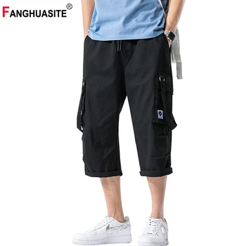 

New Men's Cargo Pants Satin Ribbon Solid Color Loose Straight Streetwear Calf Length Pants 2020 Pocket Design Casual Pants A1077
