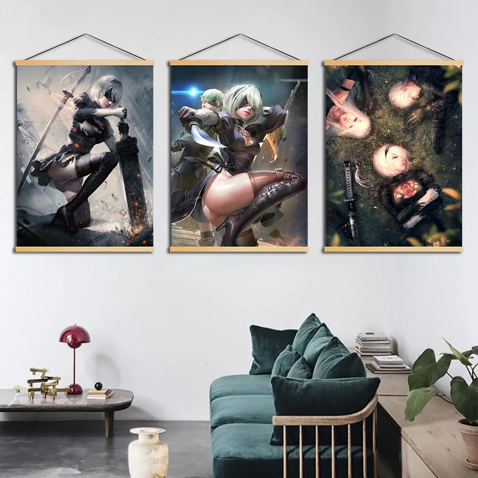 NieR:Automata Canvas poster with wood scroll 