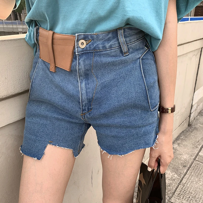QOERLIN Retro Ripped Denim Shorts Leather Patchwork Summer Beach Sexy Hot Shorts Asymmetric Short Mini Jeans Shorts