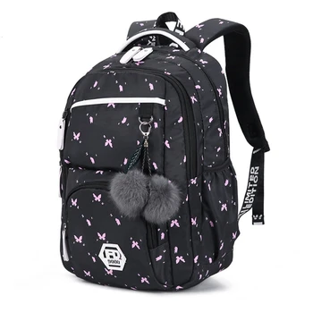 

FengDong Cute School Bags for Teenage Girls School Backpack for Girls Fur Ball Decoration Bags Schoolbag