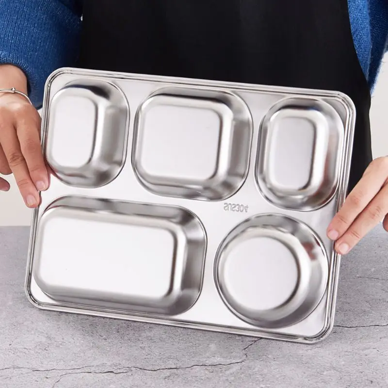 Stainless Steel Divided Dinner Tray Lunch Container Plate for School Canteen 3/5/4 Section