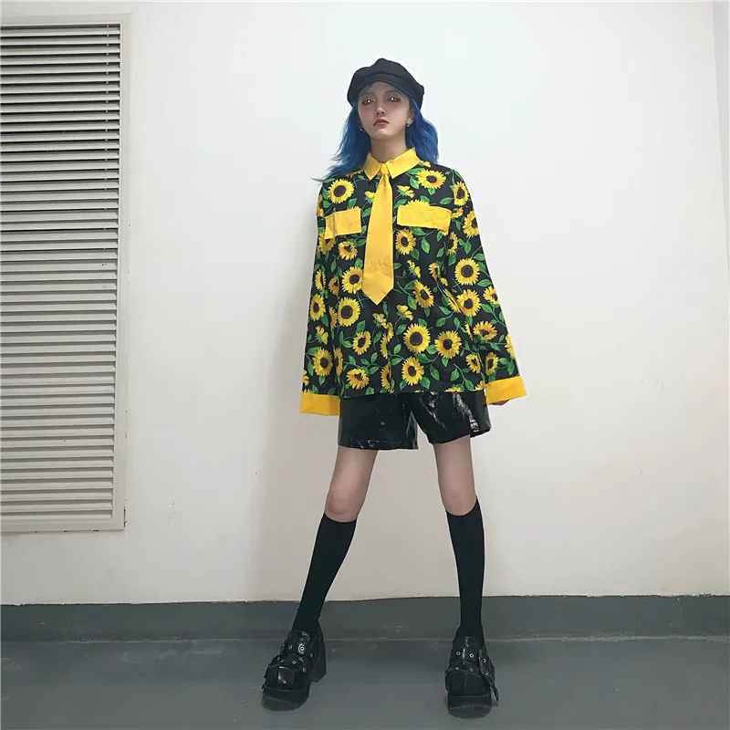 Neploe Harajuku уличная блузка рубашка с принтом подсолнухов с длинным рукавом повседневные блузы корейские женские топы большого размера с галстуком 55895