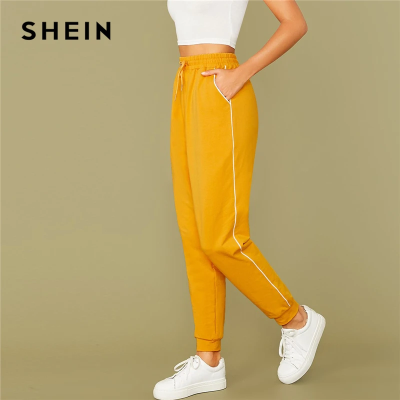 SHEIN Яркий желтый шнурок талии контрастной окантовкой морские Брюки Женская Осенняя активная одежда с высокой талией эластичные повседневные брюки