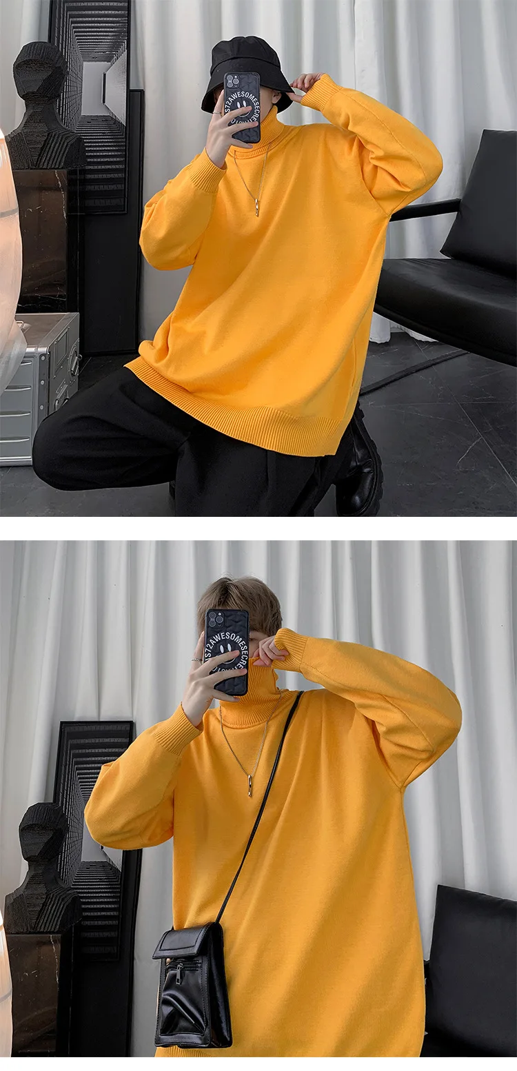 Korean Fashion Solid Color Men Sweater High Neck Turtleneck Sweaters Men Casual Clothes Autumn Winter Tops Oversized Sweaters vintage sweaters mens