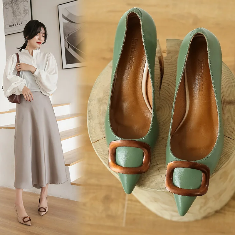 

Inside And Pure Leather Sexy Workplace Thin Heeled High Heel Shoes 2020 New Style Bronze Square Buckle Shoes Women's Genuine Lea