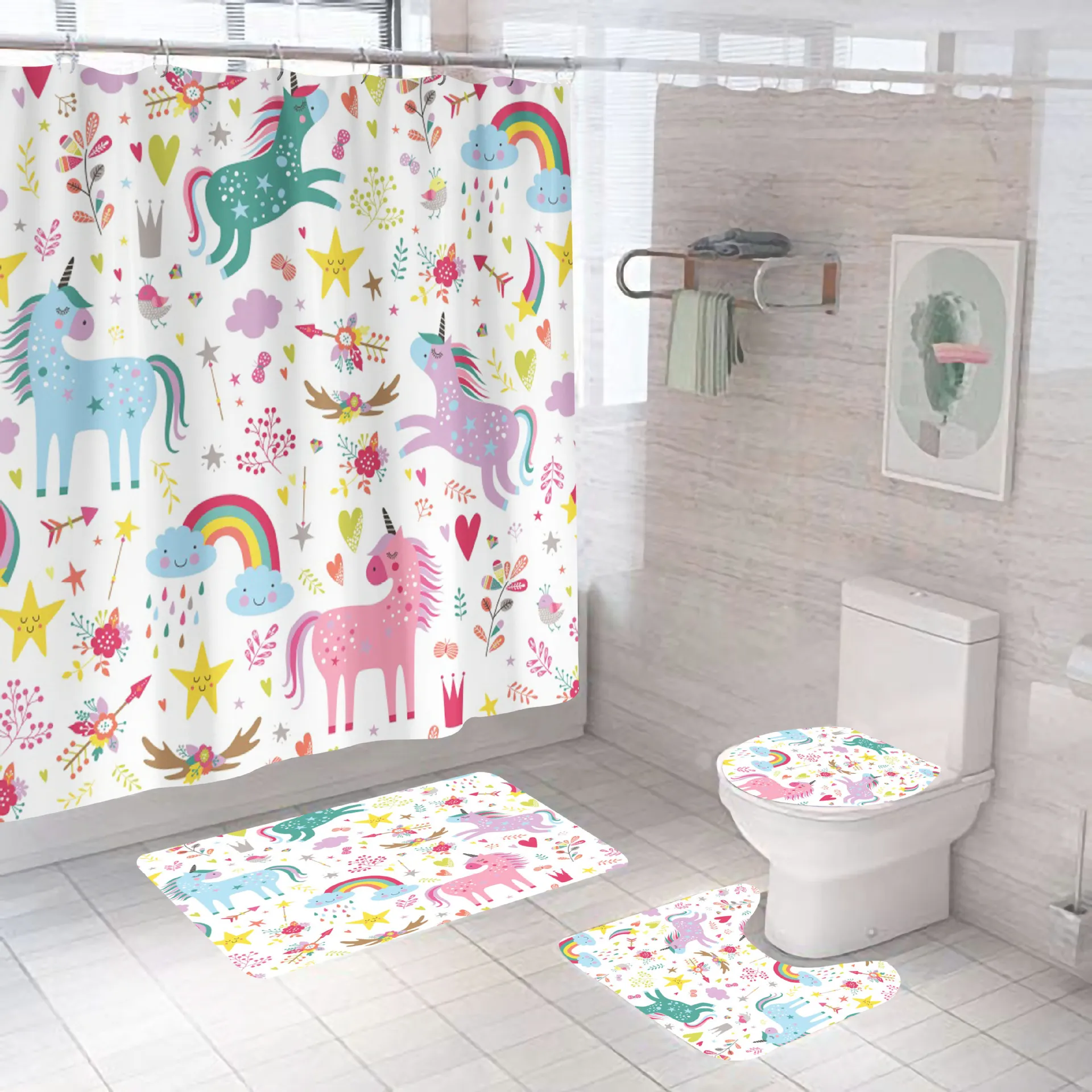 

Lovely Unicorn Shower Curtains Bathroom Decor Cartoon Cute Rainbow Kids Baby Bath Curtain Waterproof Polyester Fabric