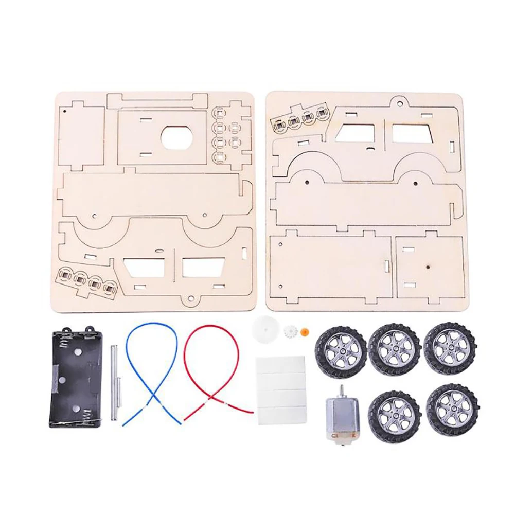 DIY Wood Electric Jeep Car Assembled Scientific painted exercise children's hands-on ability Experiment Kids Education Toys