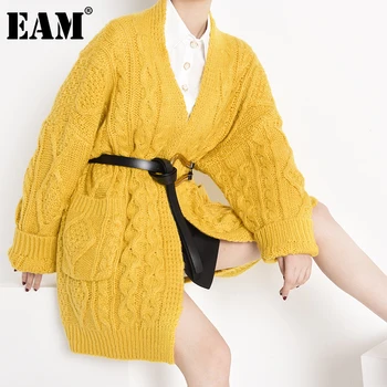 

[EAM] Yellow Brief Big Size Knitting Cardigan Sweater Loose Fit V-Neck Long Sleeve Women New Fashion Autumn Winter 2020 1Y17205