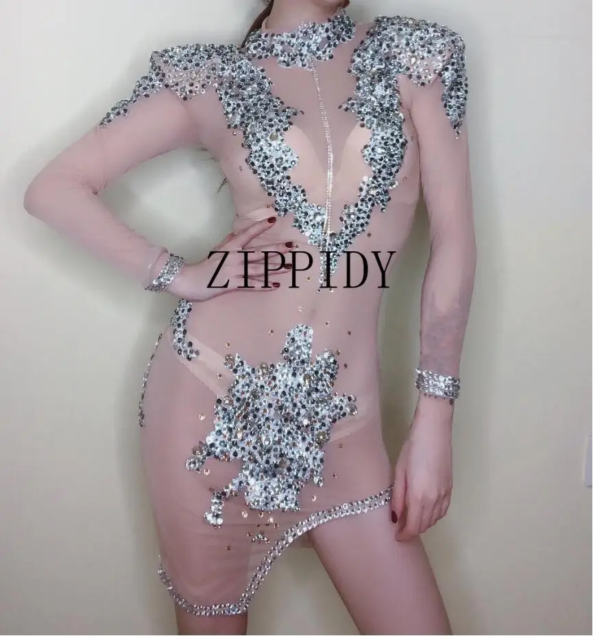 

Silver Rhinestones Nude Mesh Mini Dress Women's Birthday Celebrate See Through Dress Singer Dancer Evening Dress