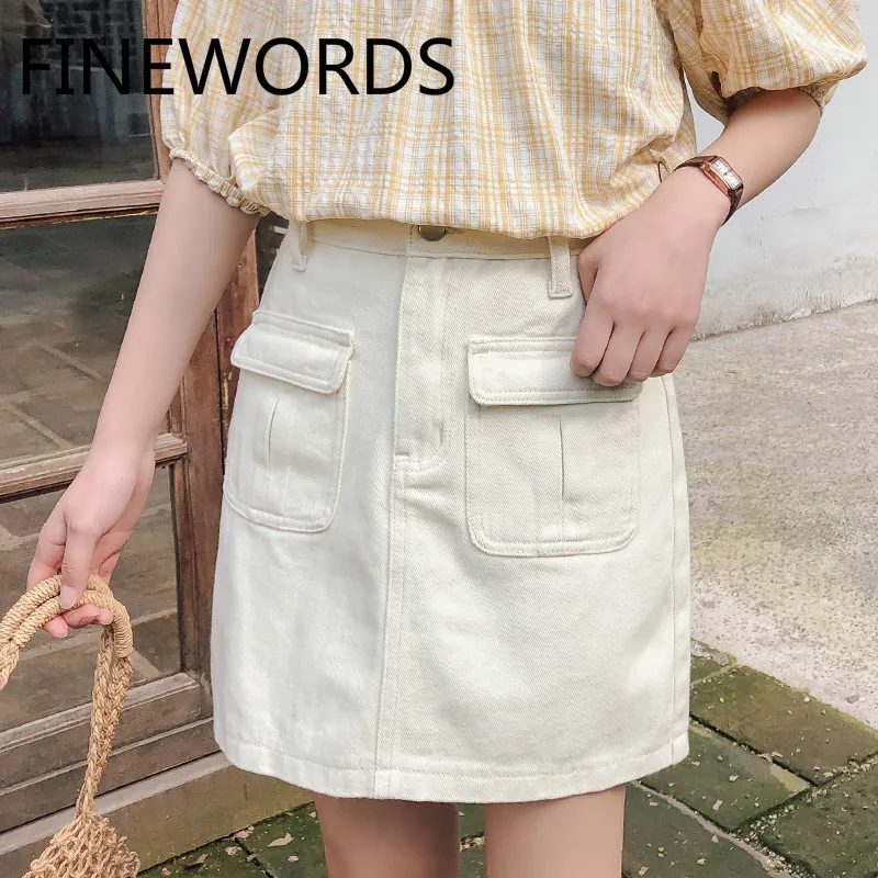 

FINEWORDS Vintage Two Big Pocket Beige Jean Skirts Casual Korean High Waist A Line Skirts Womens Streetwear Plus Size Midi Skirt