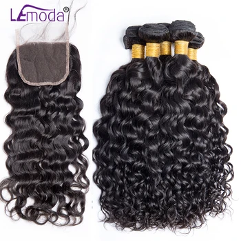 

Lemoda Indian Water Wave Bundles With Closure Human Hair Bundles With Middle Part Closure Remy Hair Extensions Color 1B
