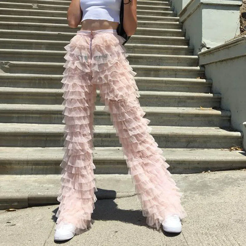 Chic Tiered Tulle Pants for Women Layered Tiers Pink Tulle Women Pants  Street Stylish Fashion Ladies Long Trousers