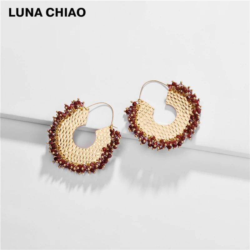 LUNA CHIAO, модные ювелирные изделия, серьги из бисера, стеклянные хрустальные металлические серьги-обруч для женщин