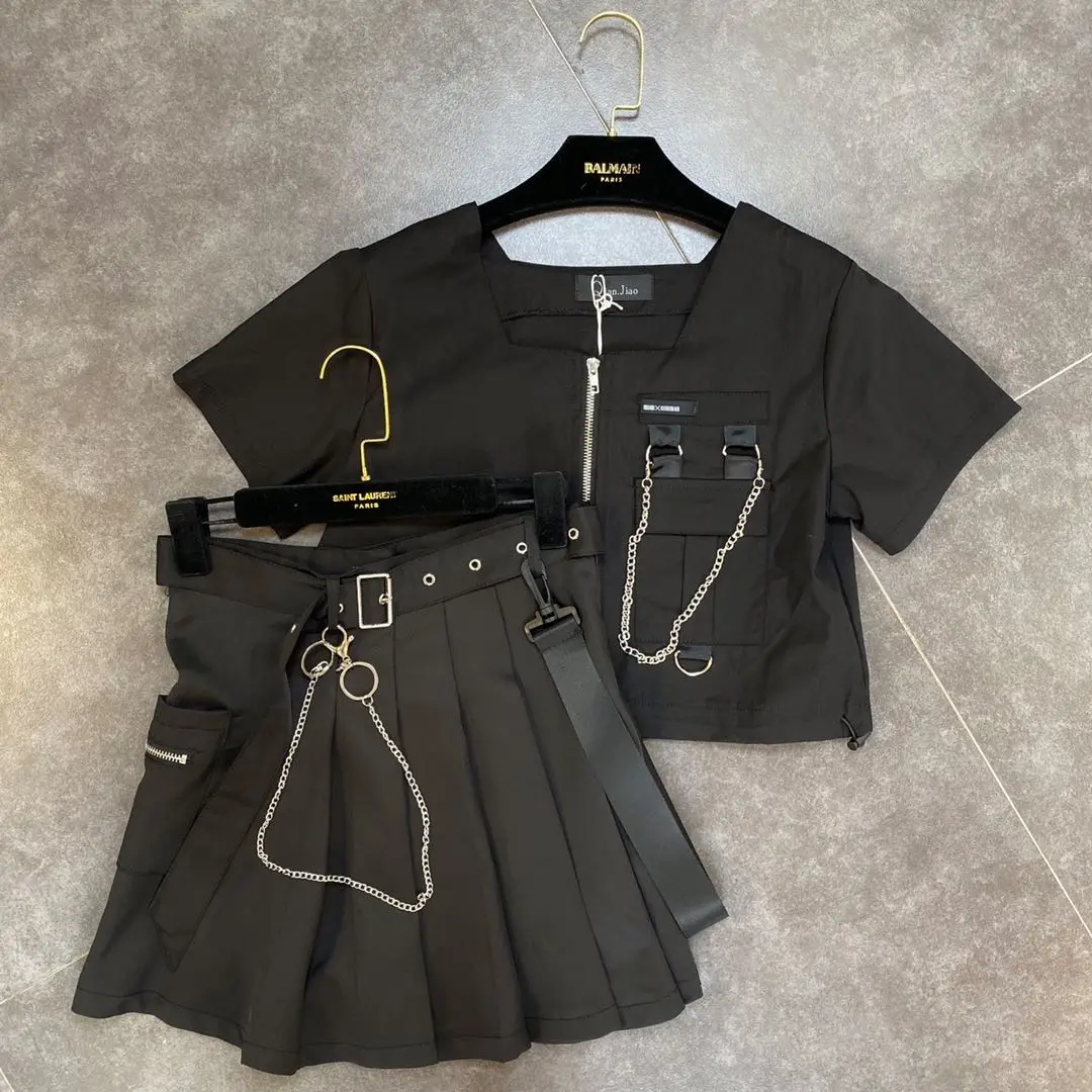 

Summer Pocket Chain Crop Top with Pleated Tooling Skirt Set Women's Two Piece Sets Girls Students Skirts Set Buy Separately