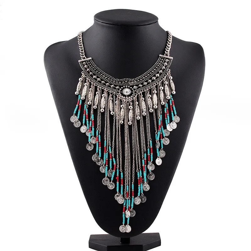 

Bohemian Rhinestone Coin Tassel Necklace Women Colorful Beads Statement Necklace Collares Ethnic Collier Jewelry Bijoux