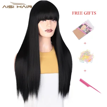 I's a wig Black Long Straight Wig With Bangs Synthetic Hair Wigs for Women 613 Blonde Red Heat Resistant Cosplay Wigs 3
