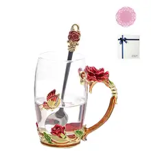 Стеклянная кофейная кружка чайная чашка и ложка для женщин Бабочка роза с подарочной коробкой