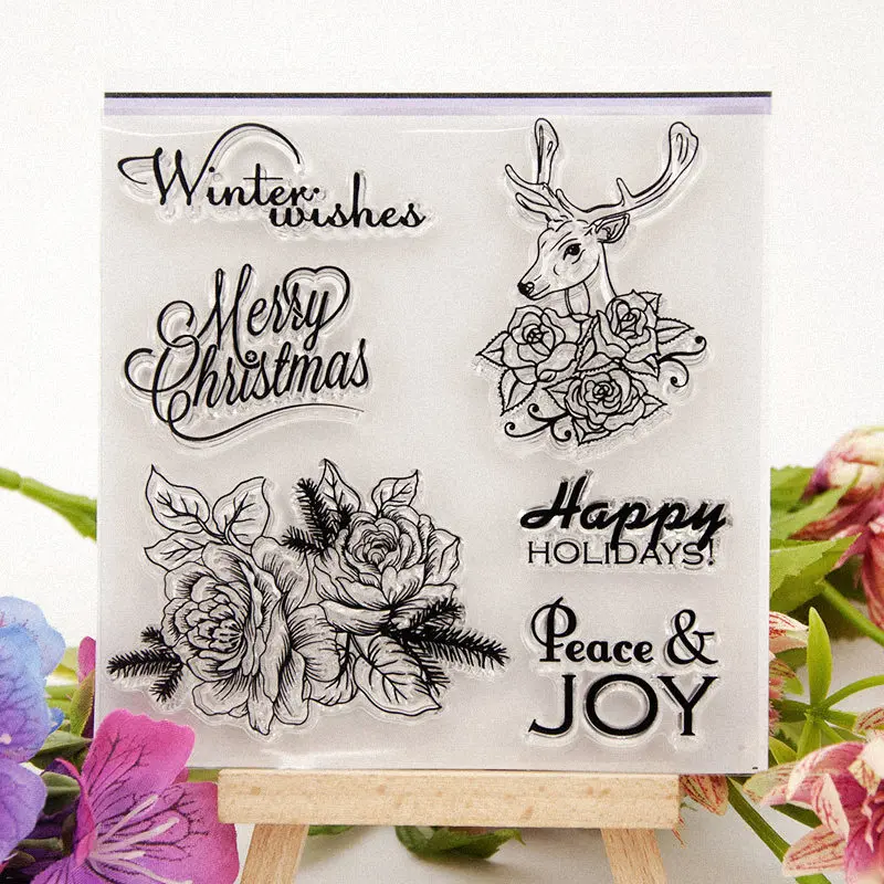 

Merry Christmas Transparent Stamps for DIY Scrapbooking Card Fawn Flower Clear Stamps Making Album paper Craft Decoration Stamps