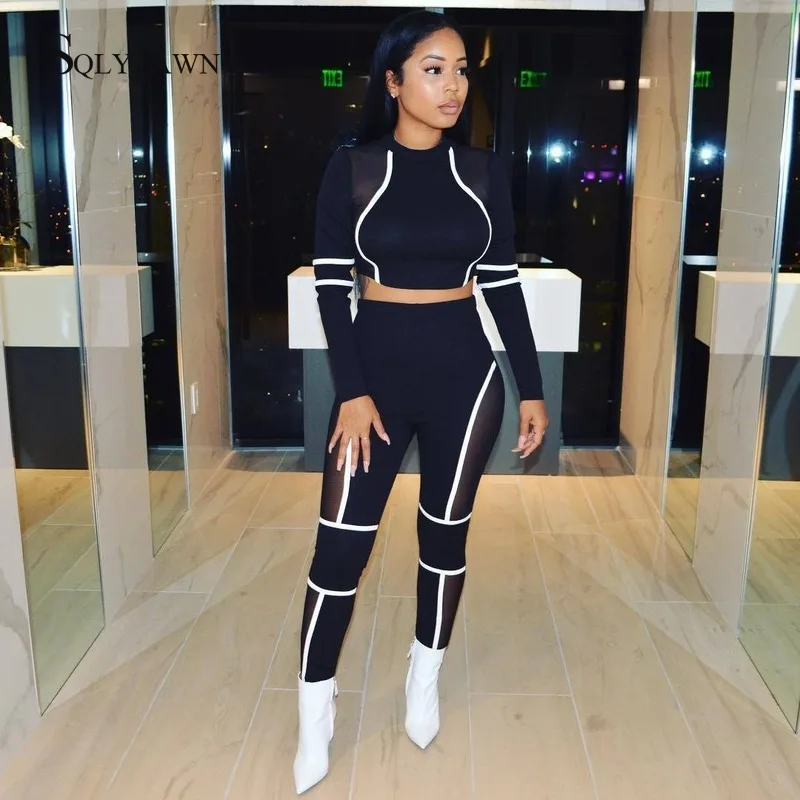 2019 New Mesh Patchwork Women's Sporty Suits Long Sleeve Crop Top T-shirt Jogging Women Fitness Joga Mujer Training Set | Женская