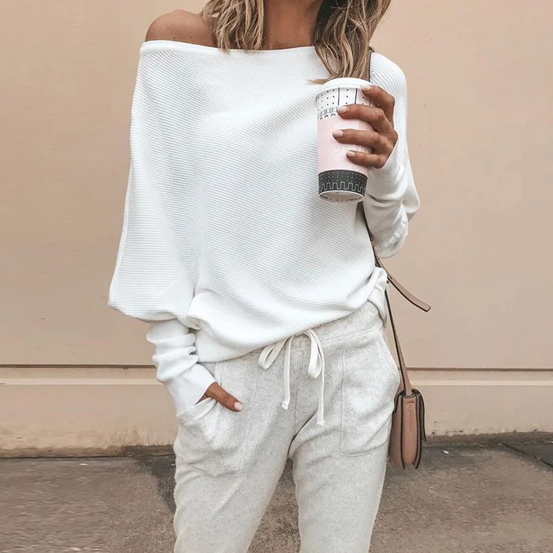 

2019 New Autumn Off Shoulder Sweater Women Pullover Thin Knitted Sweater Ladies Bat Sleeve Loose Sweater