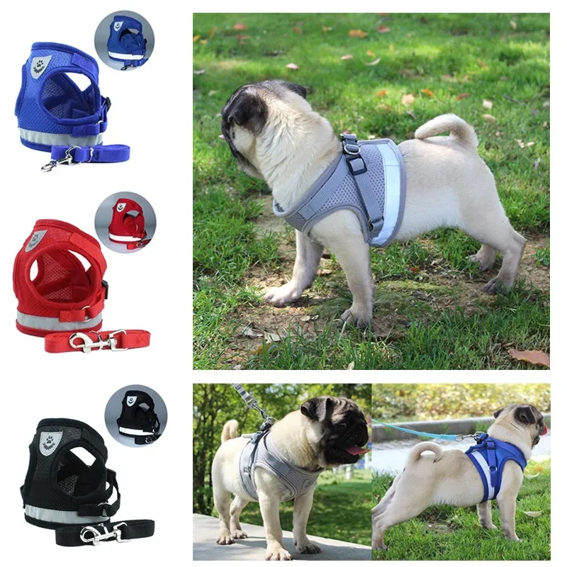 $3.89 Dog Harness Vest Dog Harness Chest Strap Reflective Dog Collar Leash Set Breathable Breast Strap Breakaway Halter Harness