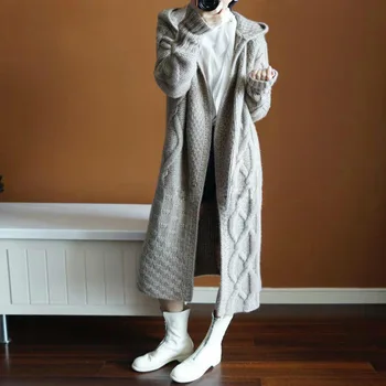 

Ozhouzhan Spring Autumn Winter WOMEN'S Dress Hooded Thick Knitted Cardigan Long Women's Versitile Fashion Overcoat Sweater Coat